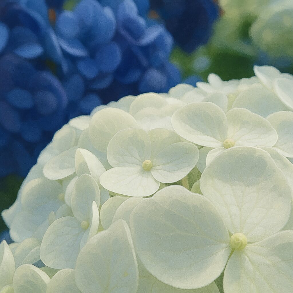 白いアジサイの花がふんわりと描かれたイラストで背景に青の花房
