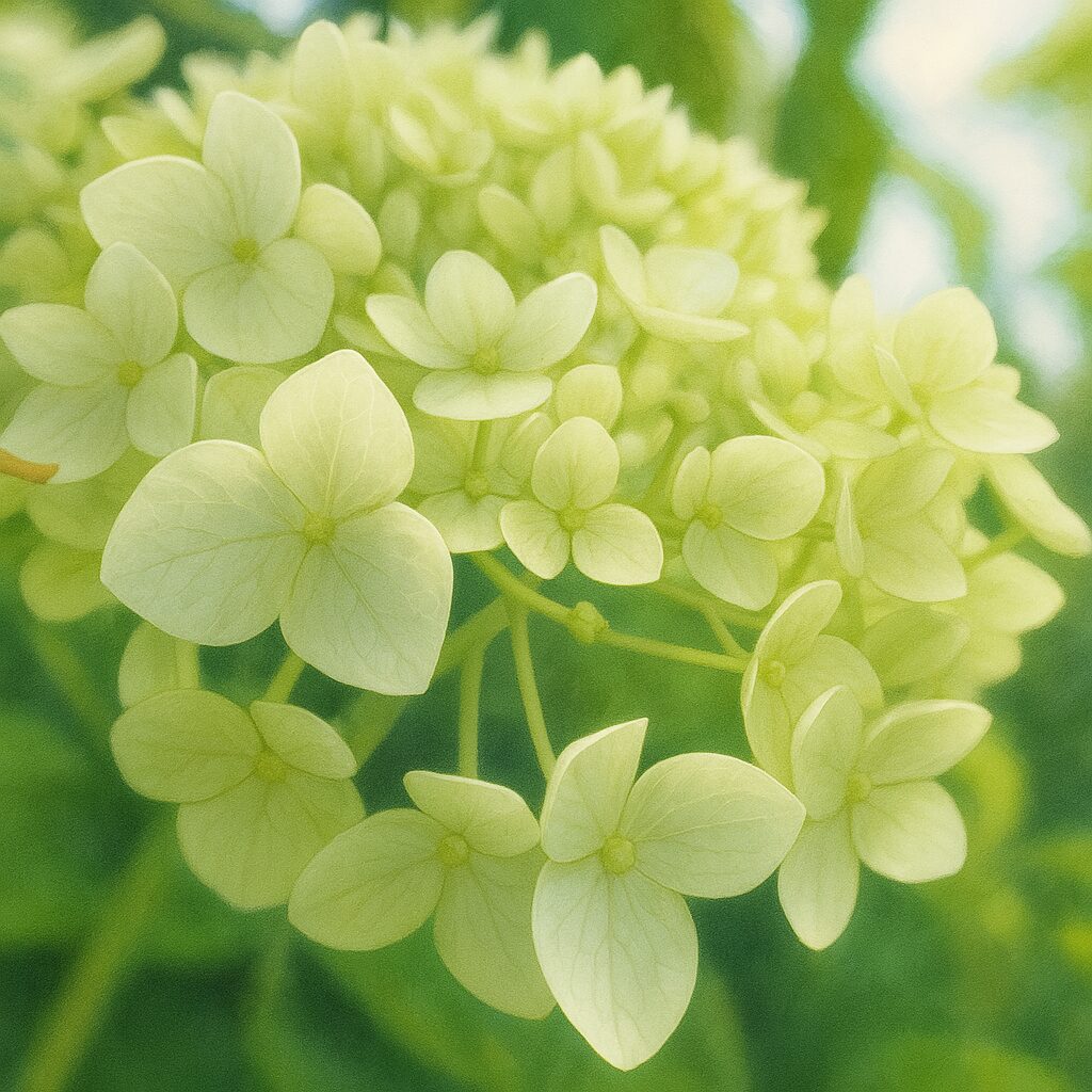 ふんわりと咲いたアジサイの花を淡い光で描いたイラスト