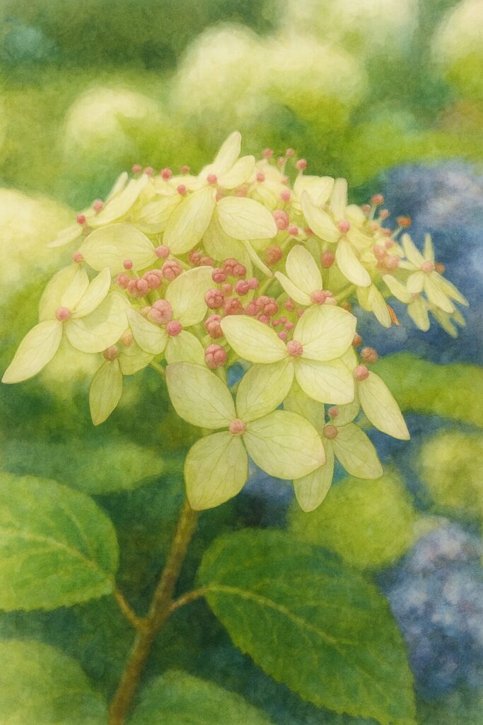 赤い小さなつぼみと黄緑の花弁が特徴のアジサイを描いたイラスト