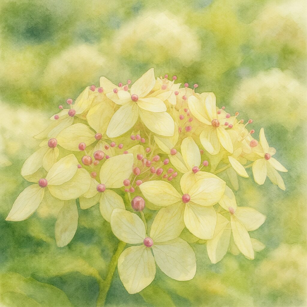 淡くやさしいトーンで描かれた装飾花とつぼみが美しいアジサイのイラスト