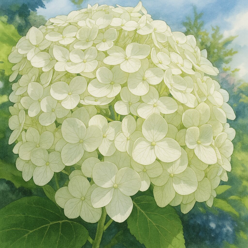 満開のアナベルの白い花を正面から捉えたリアルなイラスト