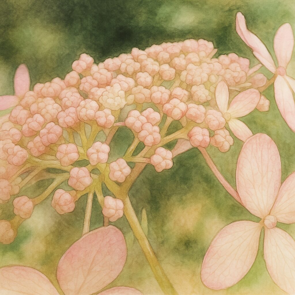 淡いピンク色の装飾花と蕾が柔らかく描かれたアジサイのイラスト