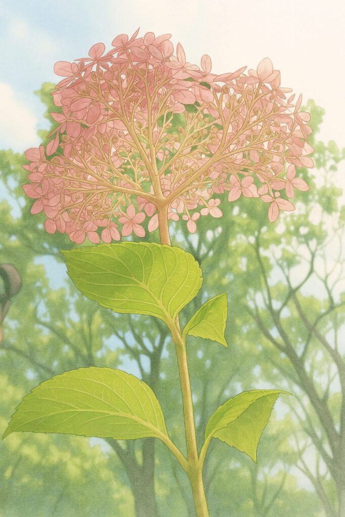 樹木を背景にピンクのアジサイが咲く自然風景のイラスト