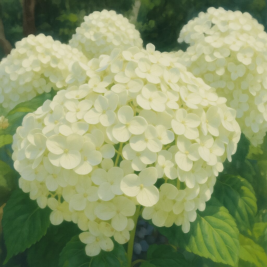 複数のアジサイの花房が咲く初夏の庭を描いた爽やかなイラスト