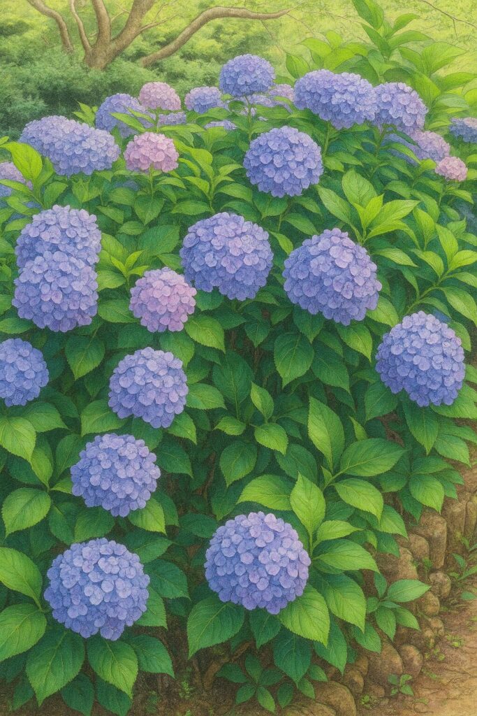 緑の葉に囲まれた青紫のアジサイが咲く群生イラスト(自然風景)
