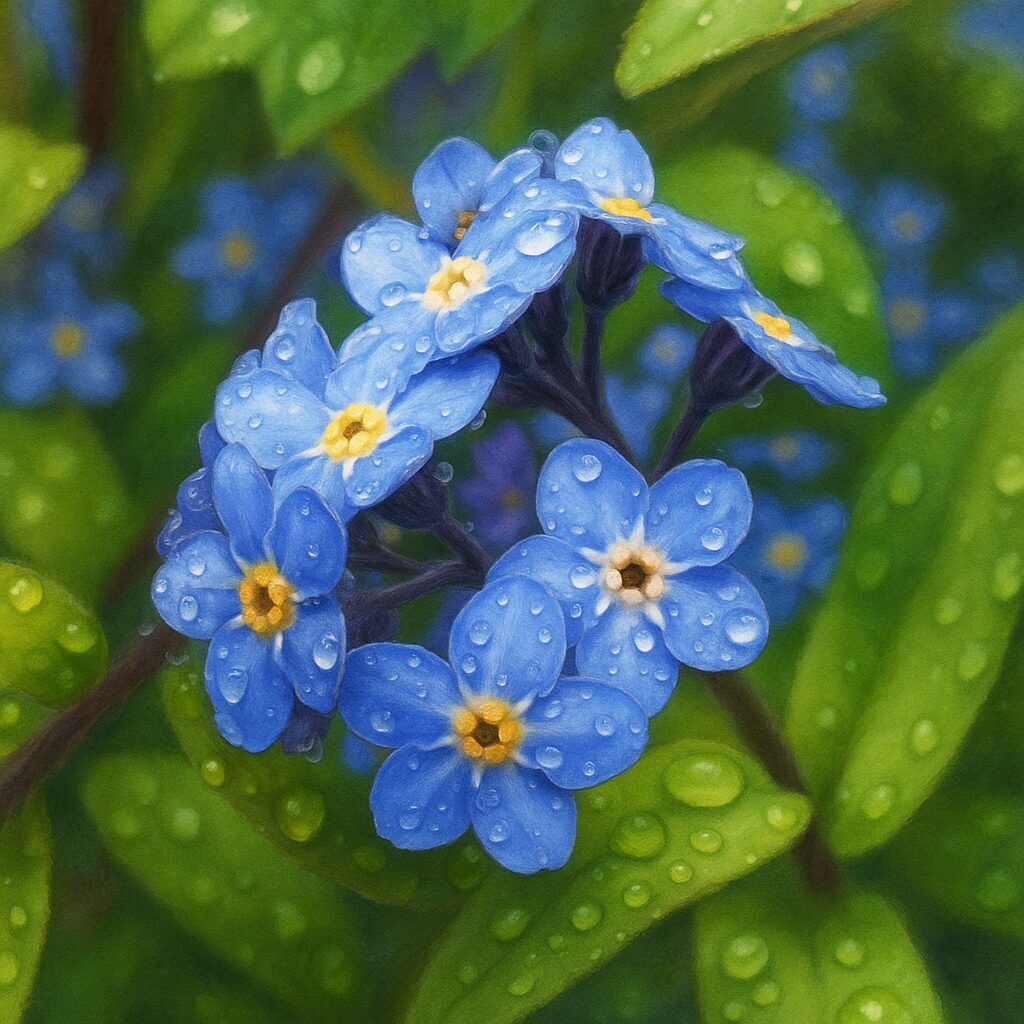 雨上がりに咲く鮮やかな青いワスレナグサの花々のクローズアップ写真