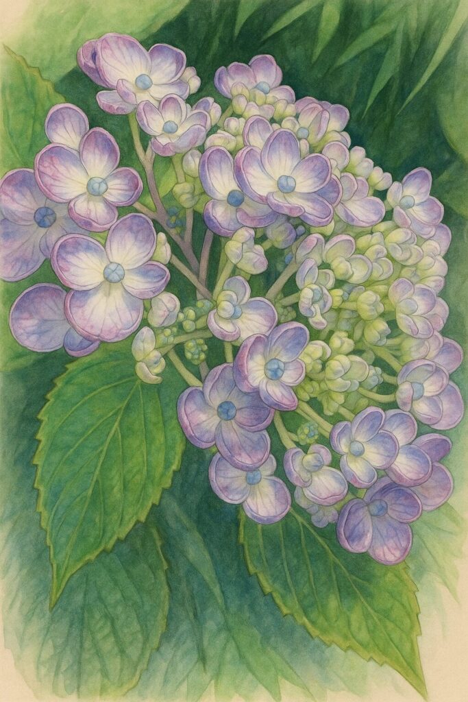 薄紫と白が混じるアジサイの花をクローズアップで描いたイラスト