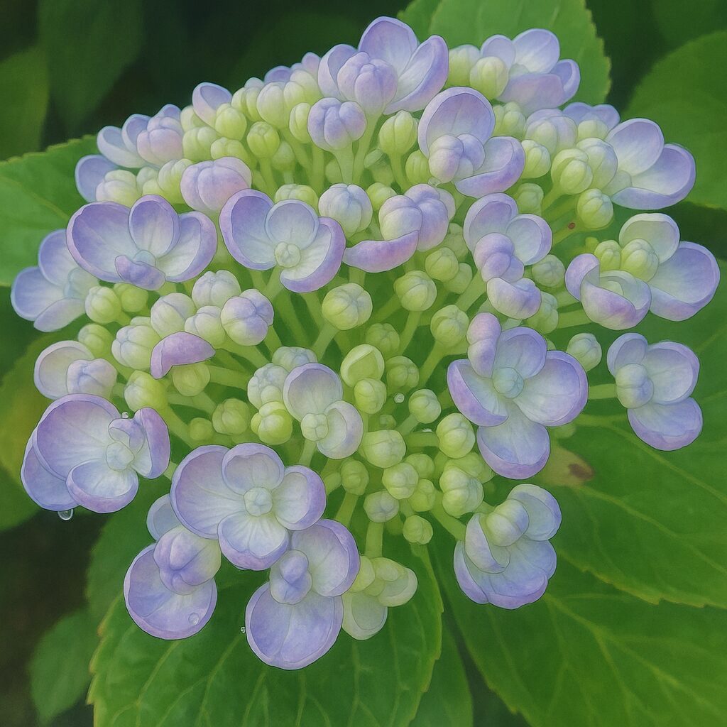 咲き始めの青紫色アジサイの花を真上から描いたイラスト