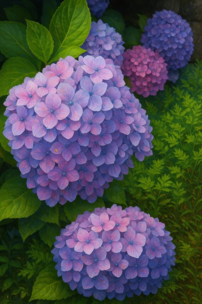 紫からピンクに変化するアジサイの花が複数並ぶ様子を描いたイラスト