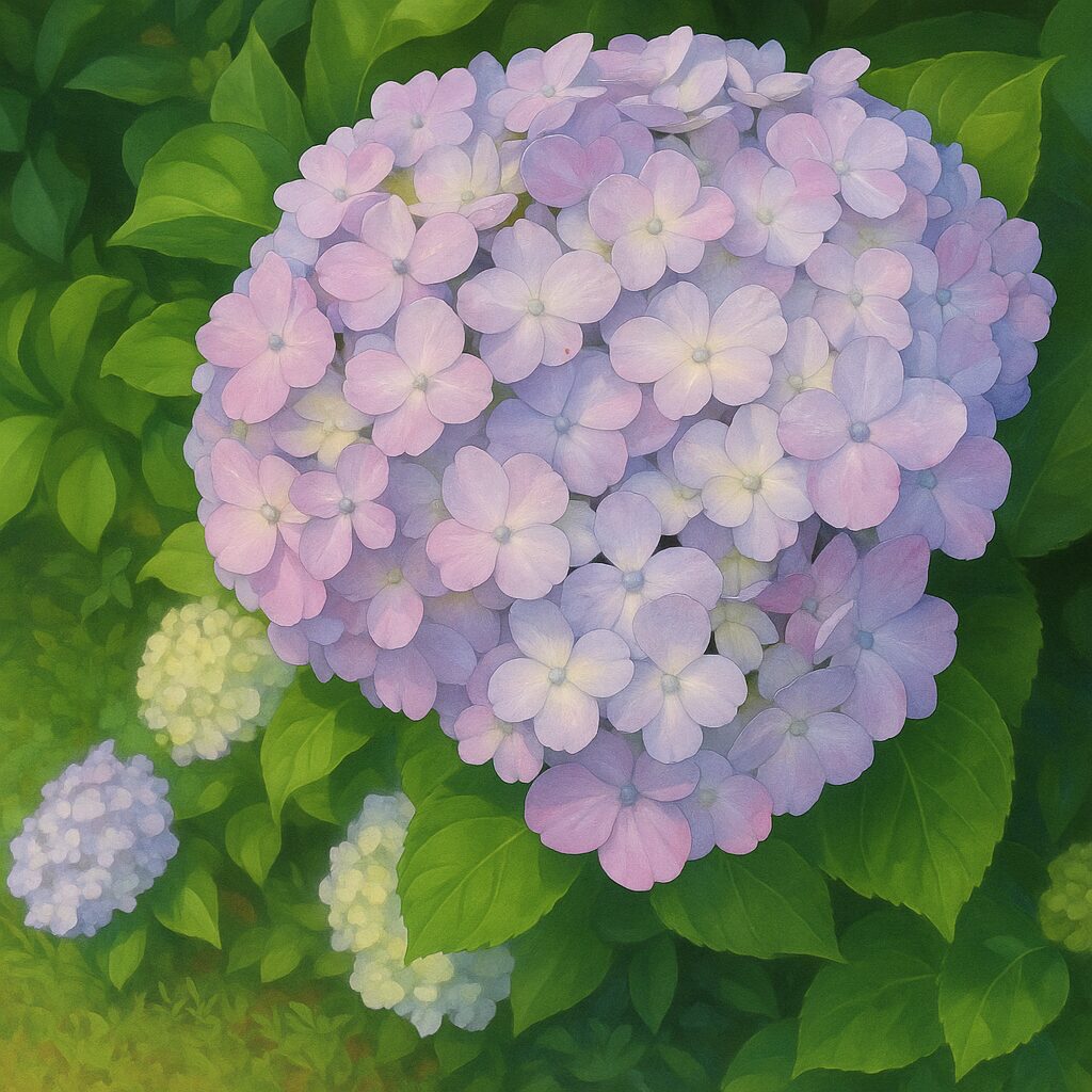 淡いピンクと紫のアジサイの花が密集して咲いているイラスト
