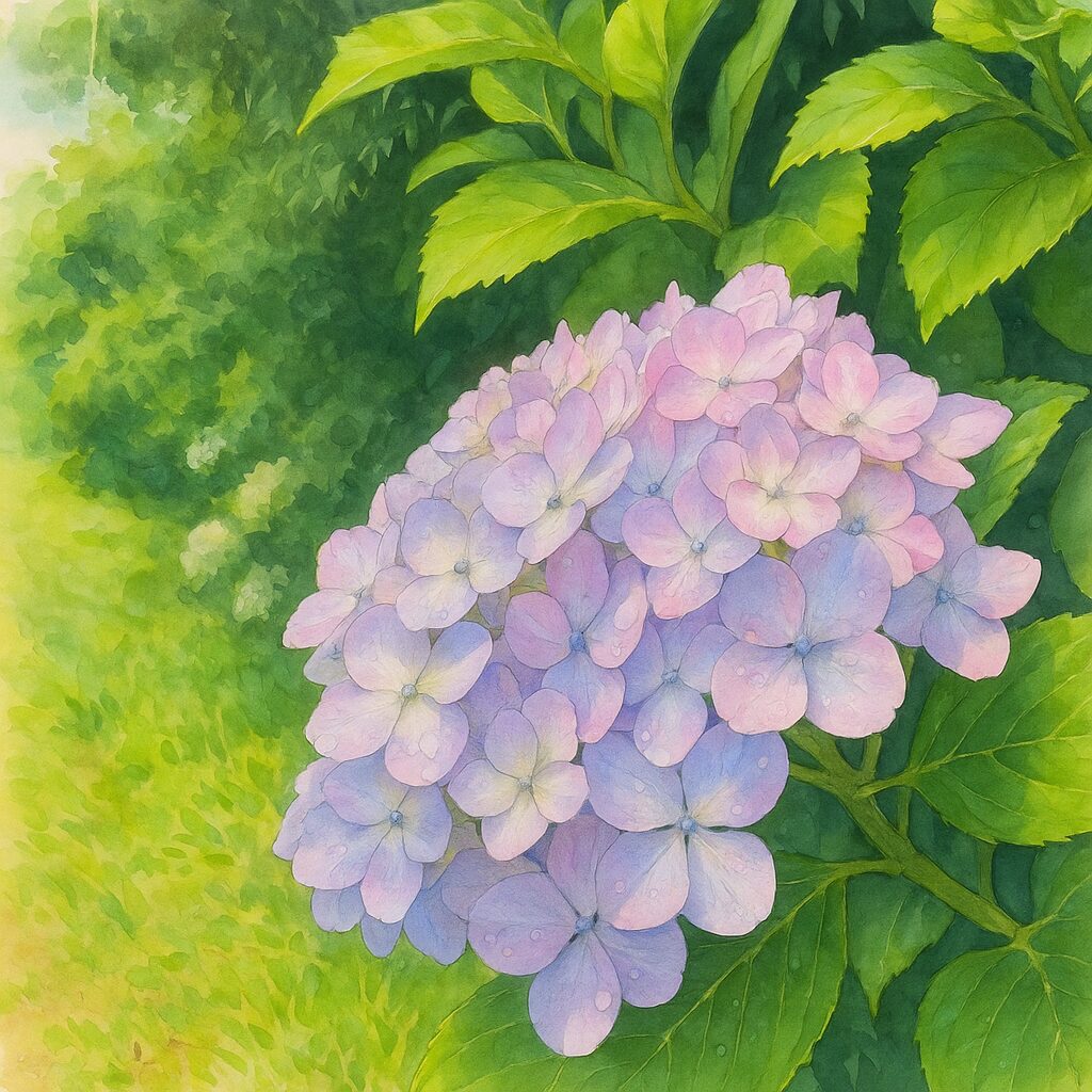 淡い紫と白のアジサイが斜めに広がる花壇の一部を描いたイラスト