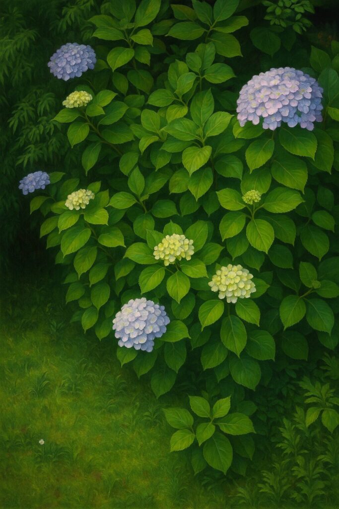 緑の葉の中に咲く薄紫のアジサイの花房を全体的に描いたイラスト