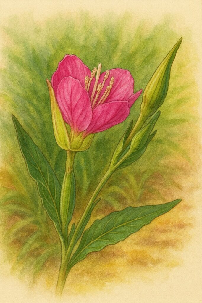 ユウゲショウのピンクの花をリアルに描いた植物画