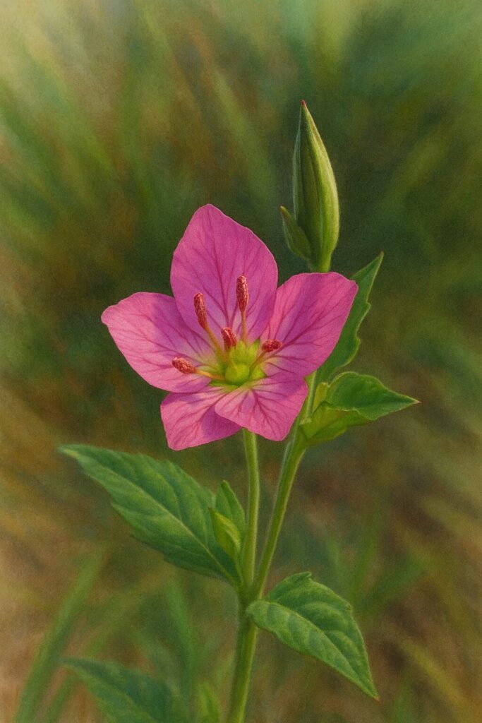 ユウゲショウの開花した花と蕾を描いたボタニカルイラスト