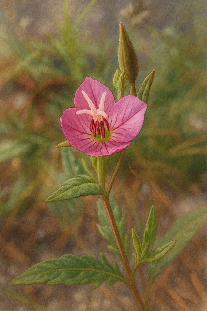 ユウゲショウの花と蕾を詳細に描いた植物画イラスト