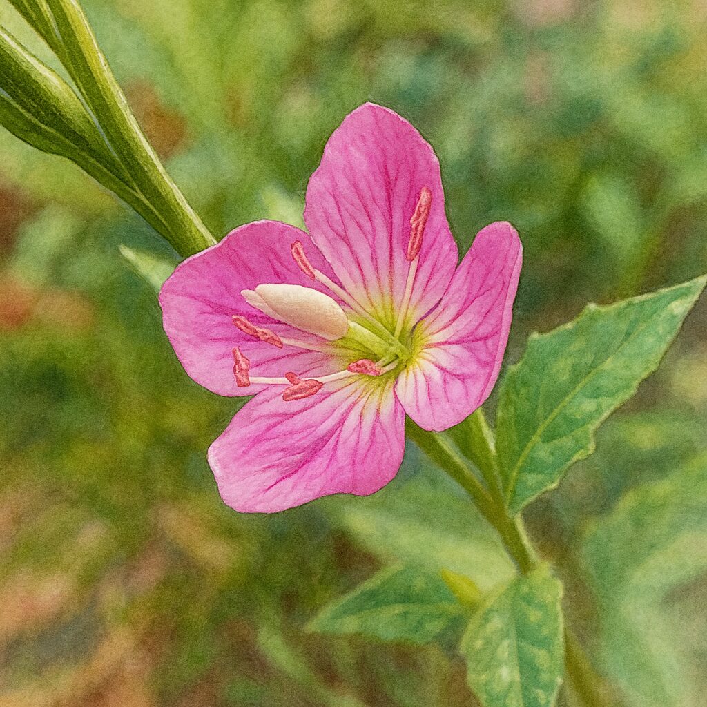 ユウゲショウの花芯を細密に描いた植物イラスト