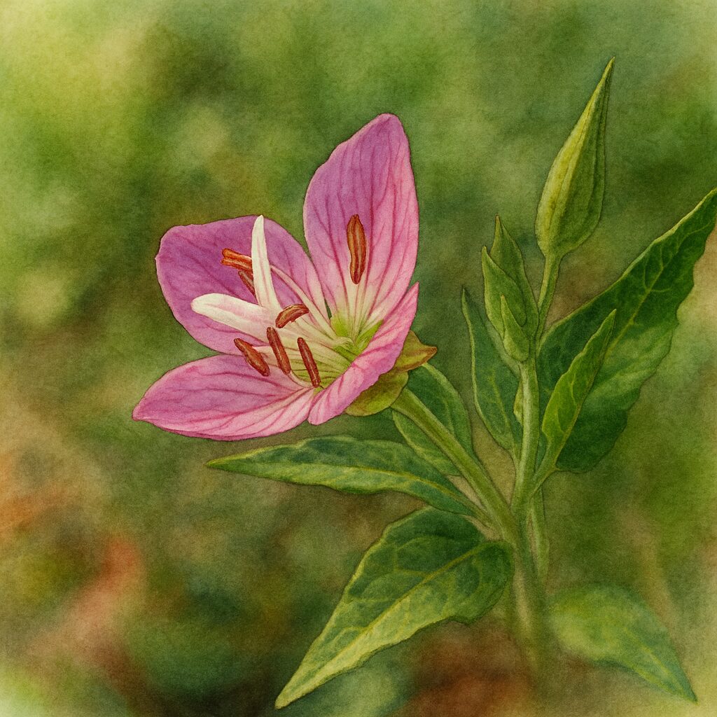 ユウゲショウの花を斜め構図で描いたボタニカルアート