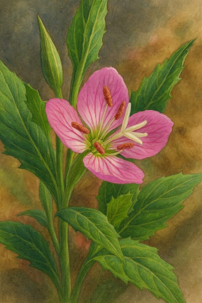 ユウゲショウの開花した花をリアルに描いた植物画イラスト