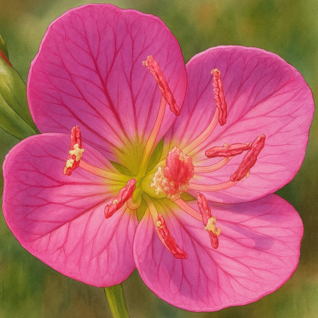 雄しべと雌しべを繊細に描いたユウゲショウの精密イラスト