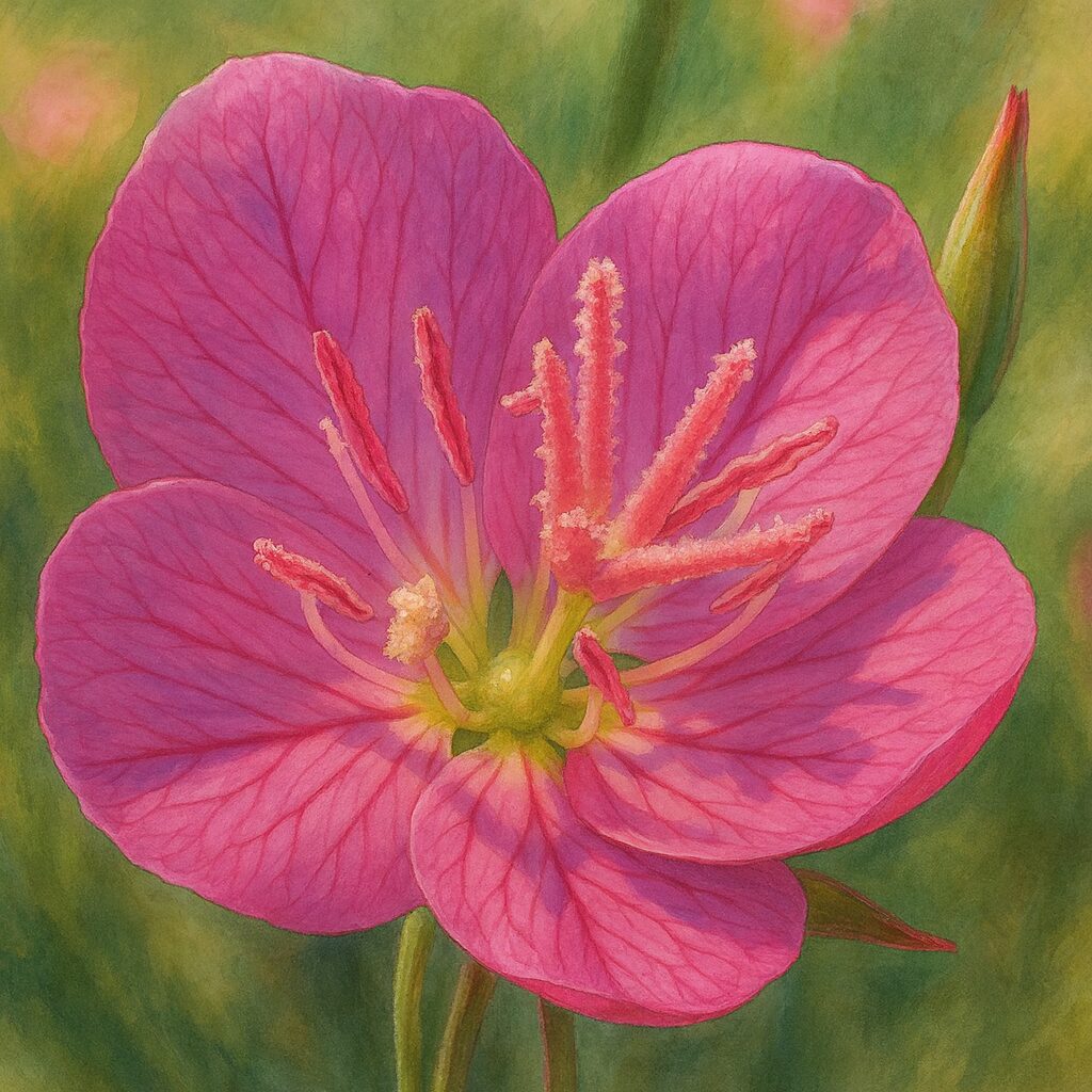 花粉をまとった雄しべが立体的に表現されたユウゲショウのイラスト