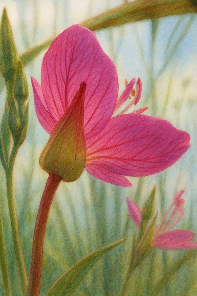 花の裏側とがく片を忠実に描いたユウゲショウの後ろ姿イラスト