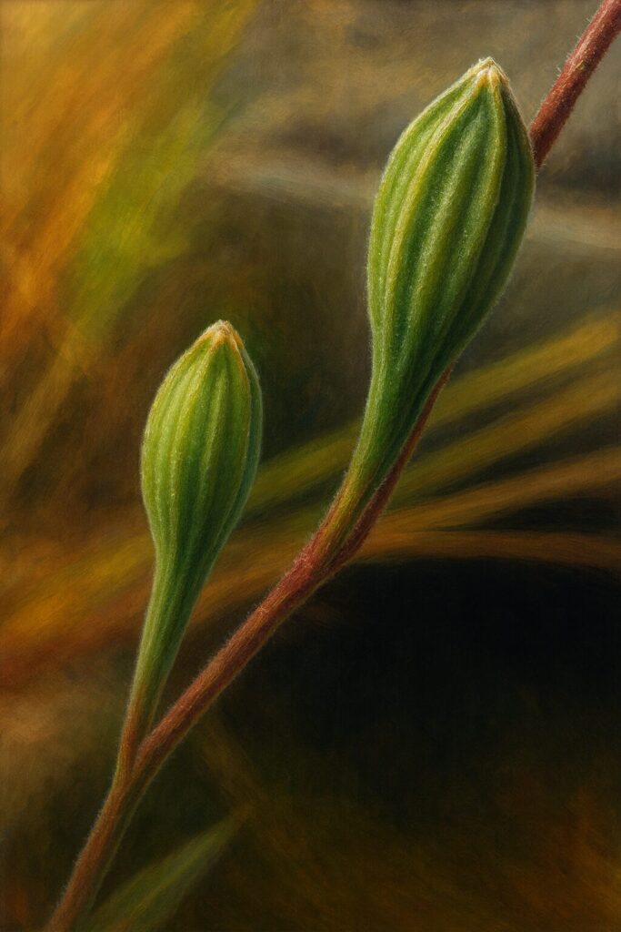 つぼみの縦の筋や質感まで写実的に描かれたユウゲショウの蕾のイラスト