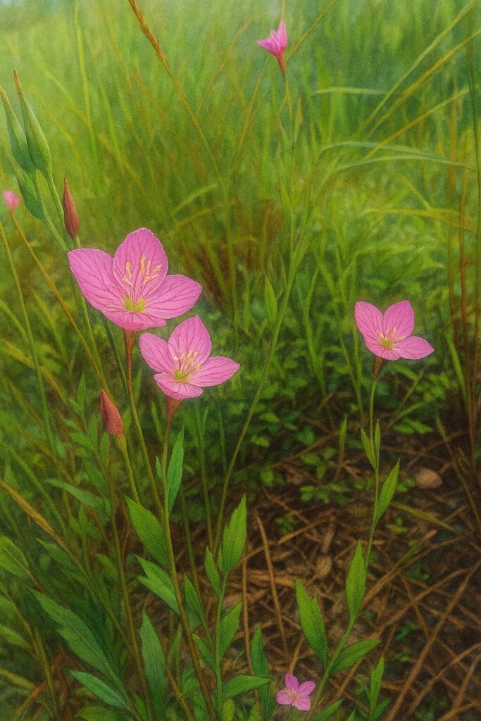 草地に自然に咲くユウゲショウの群生風景を描いたイラスト