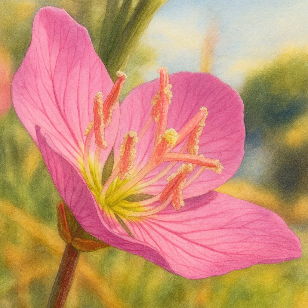 斜めから見たユウゲショウの花を柔らかな光で表現したイラスト