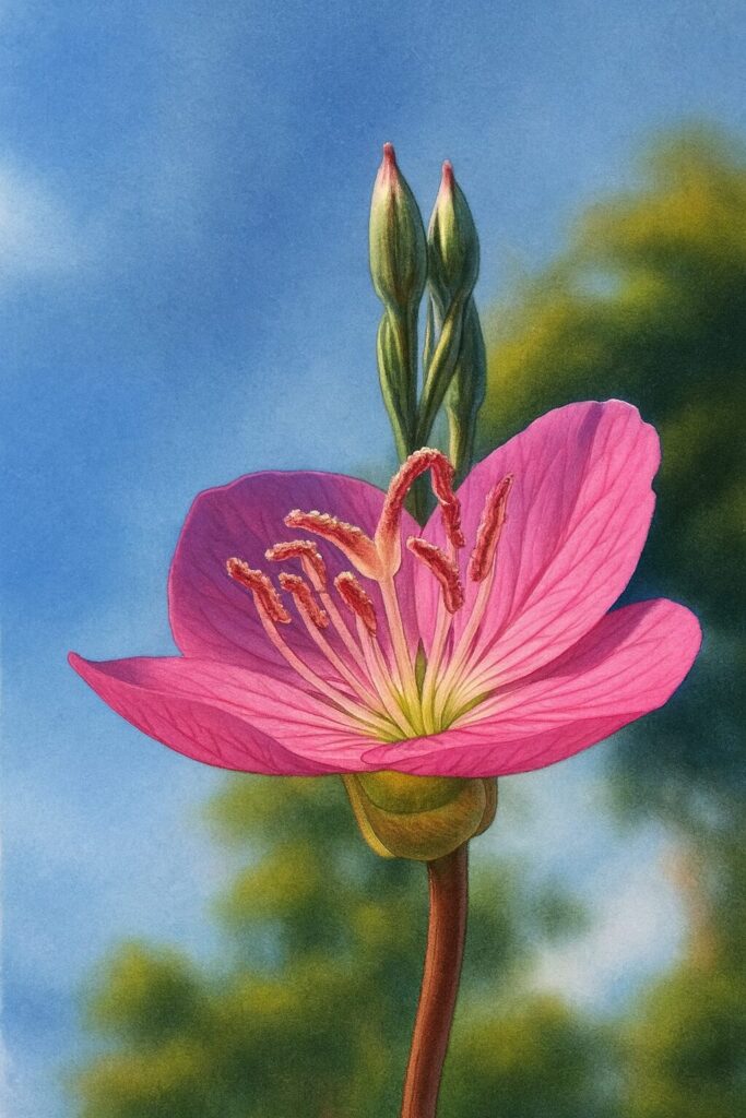 青空を背景に描かれたローアングル視点のユウゲショウの花のイラスト