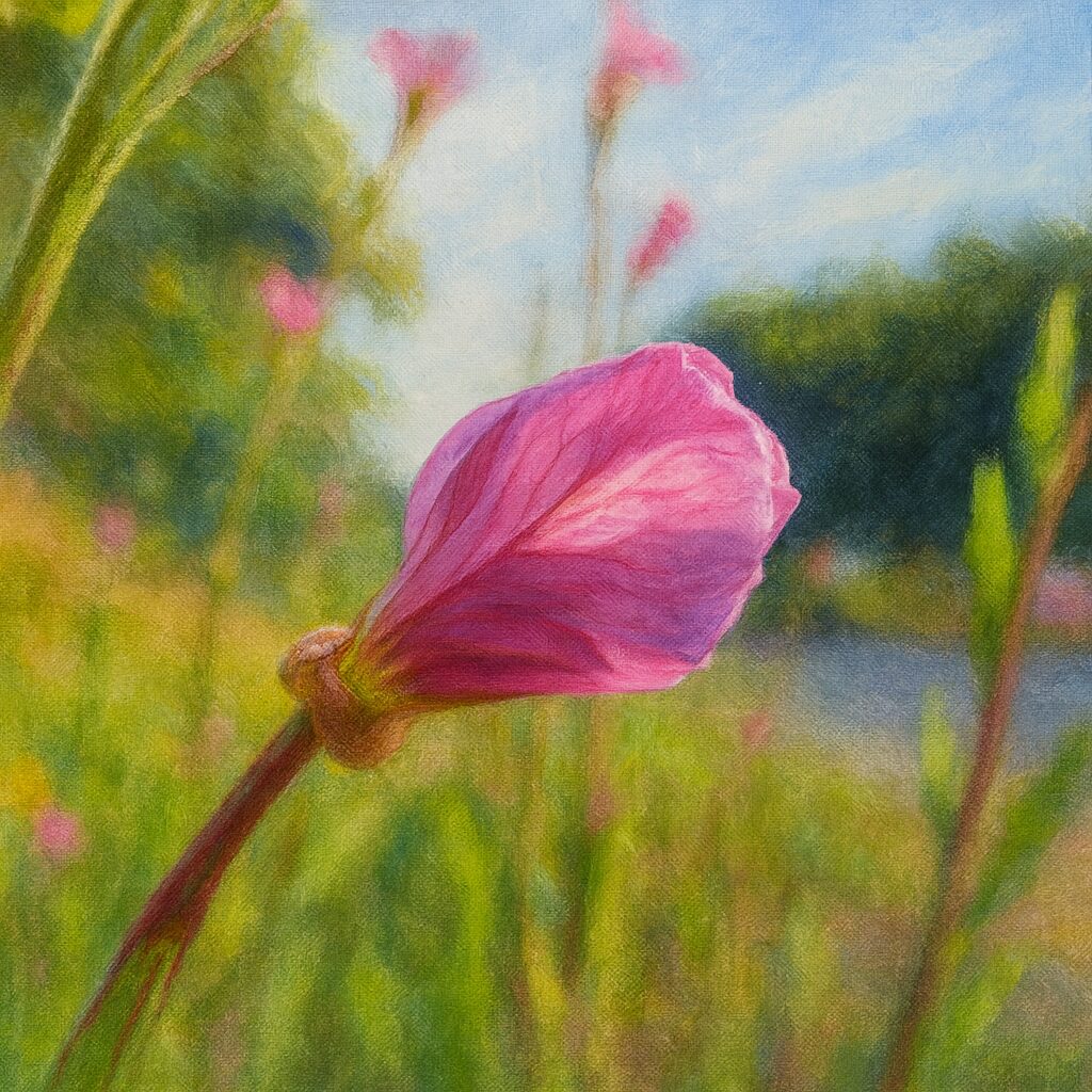 膨らみ始めたユウゲショウの蕾の様子を丁寧に描写した側面イラスト