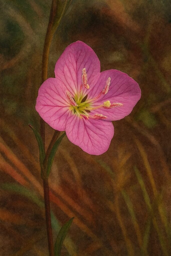 林床に一輪咲くユウゲショウを正面から精密に描いた植物イラスト