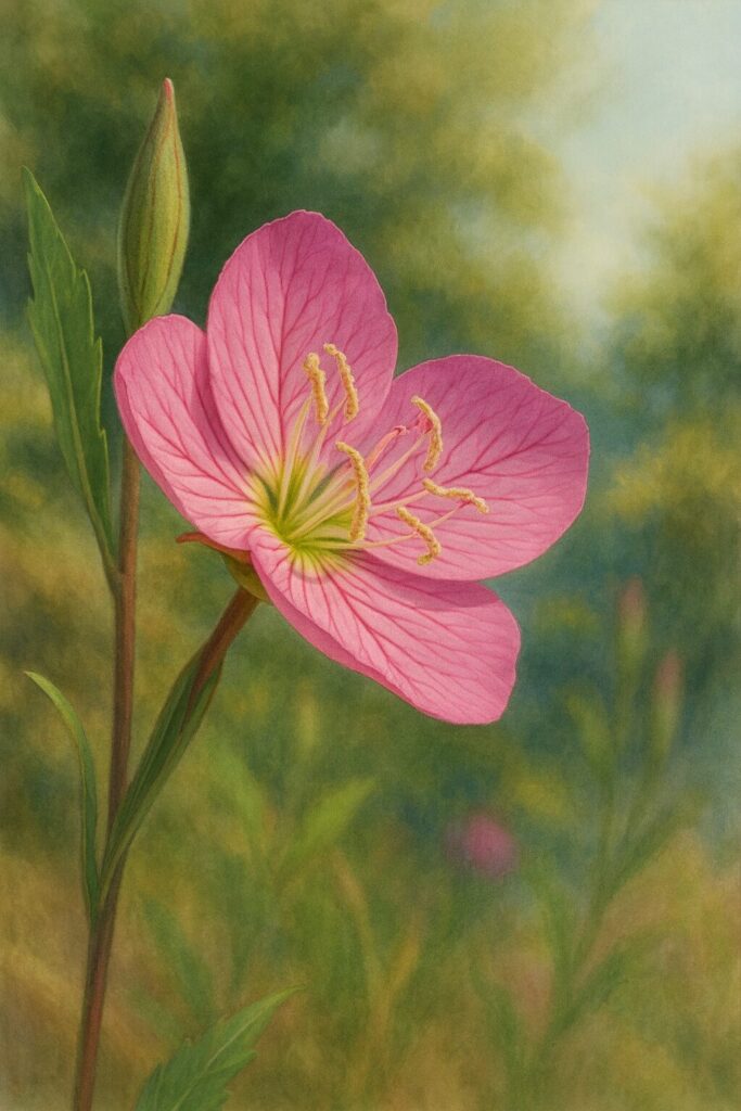 斜めから見たユウゲショウの花を柔らかいタッチで表現したイラスト