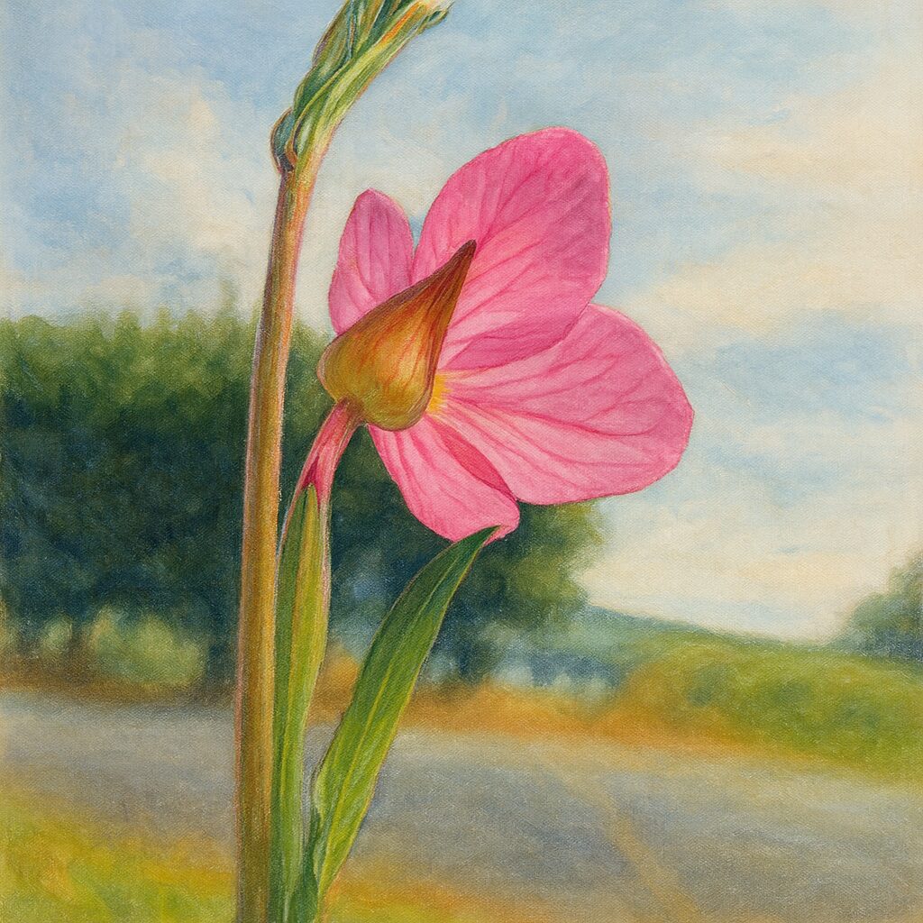 裏側から見たユウゲショウの花を忠実に再現した後ろ姿の植物画