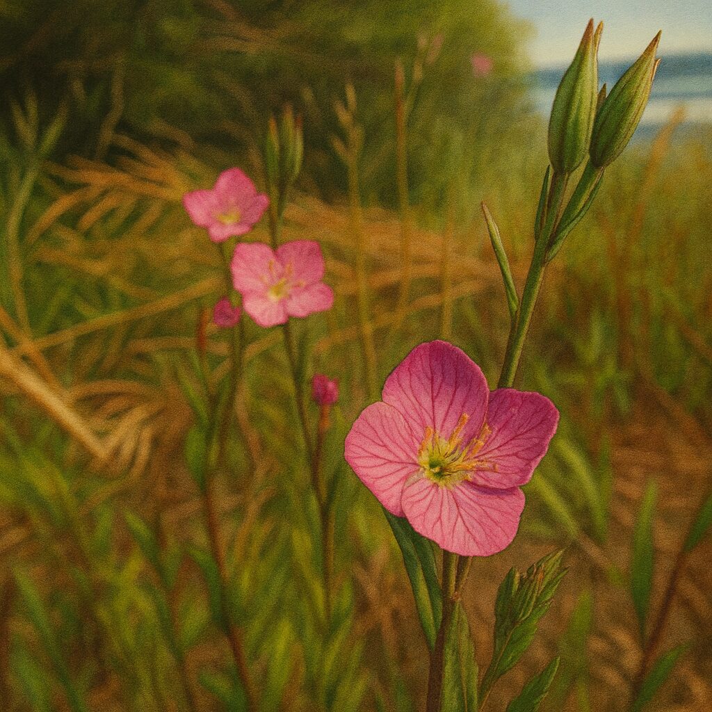 草むらに咲くユウゲショウの群生風景を水彩風に仕上げたイラスト
