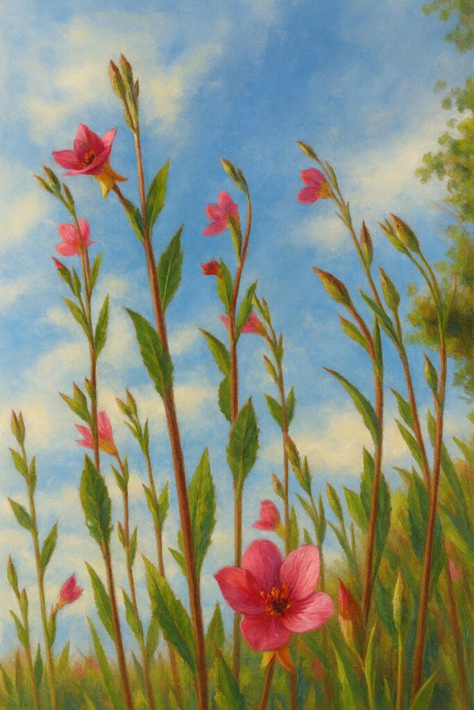 青空を背景にユウゲショウの茎が伸びる様子を描いた構図のイラスト