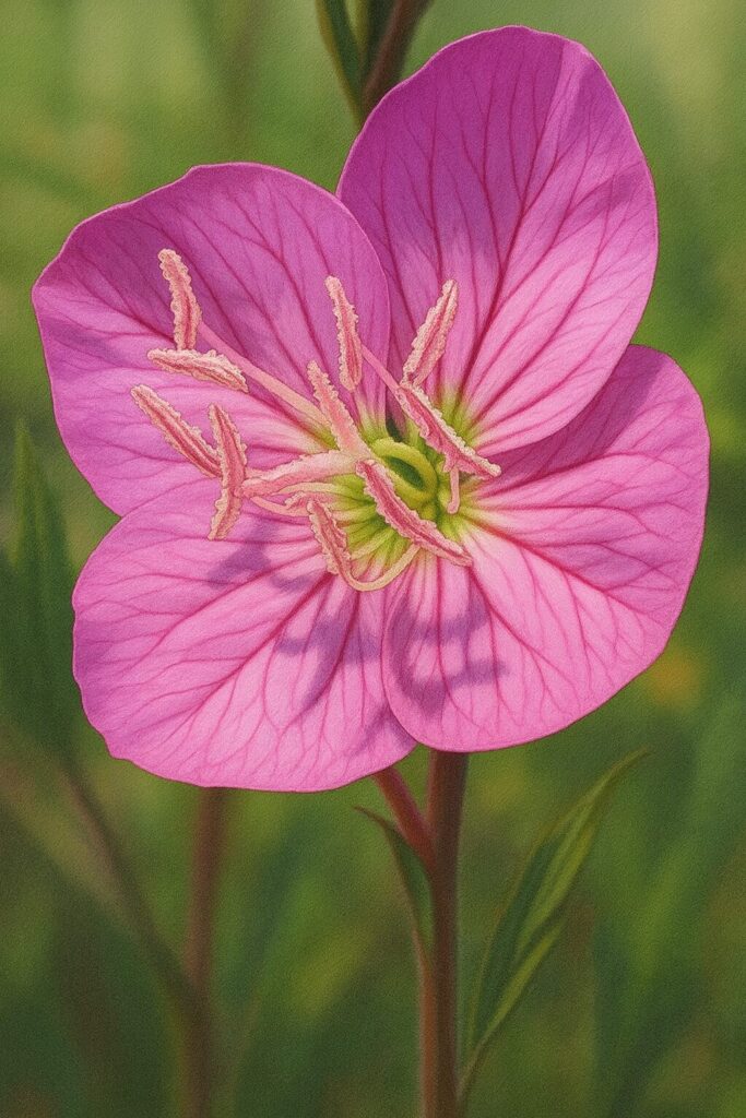 雄しべに花粉が乗る様子まで描き込まれたユウゲショウの接写風イラスト