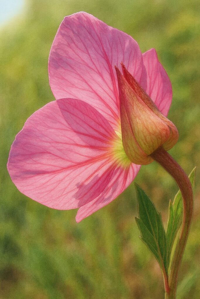 花弁の裏とがくの質感をリアルに表現したユウゲショウの後ろ姿イラスト