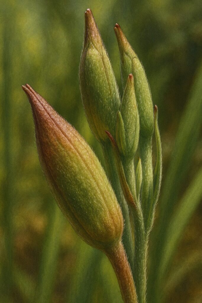 ふくらんだユウゲショウの蕾を細密に描いたイラストレーション