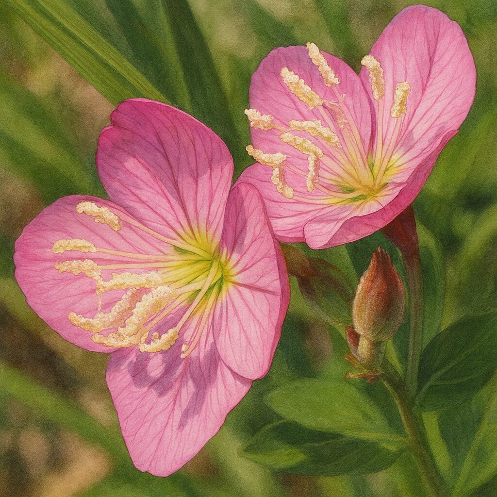花粉が乗った2輪のユウゲショウを並べて描いた鮮やかな接写風イラスト