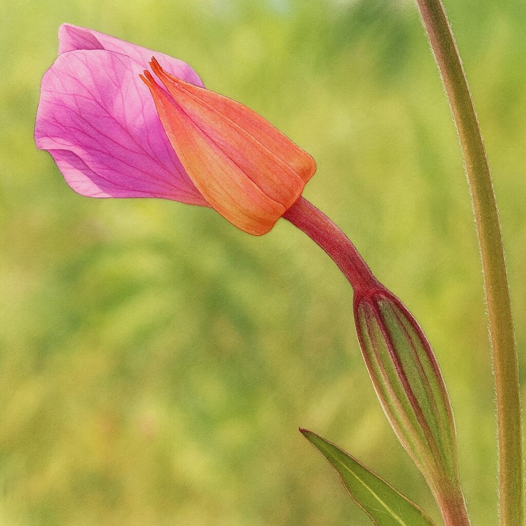 横向きに咲くユウゲショウの花をやわらかい色彩で表現した側面構図のイラスト