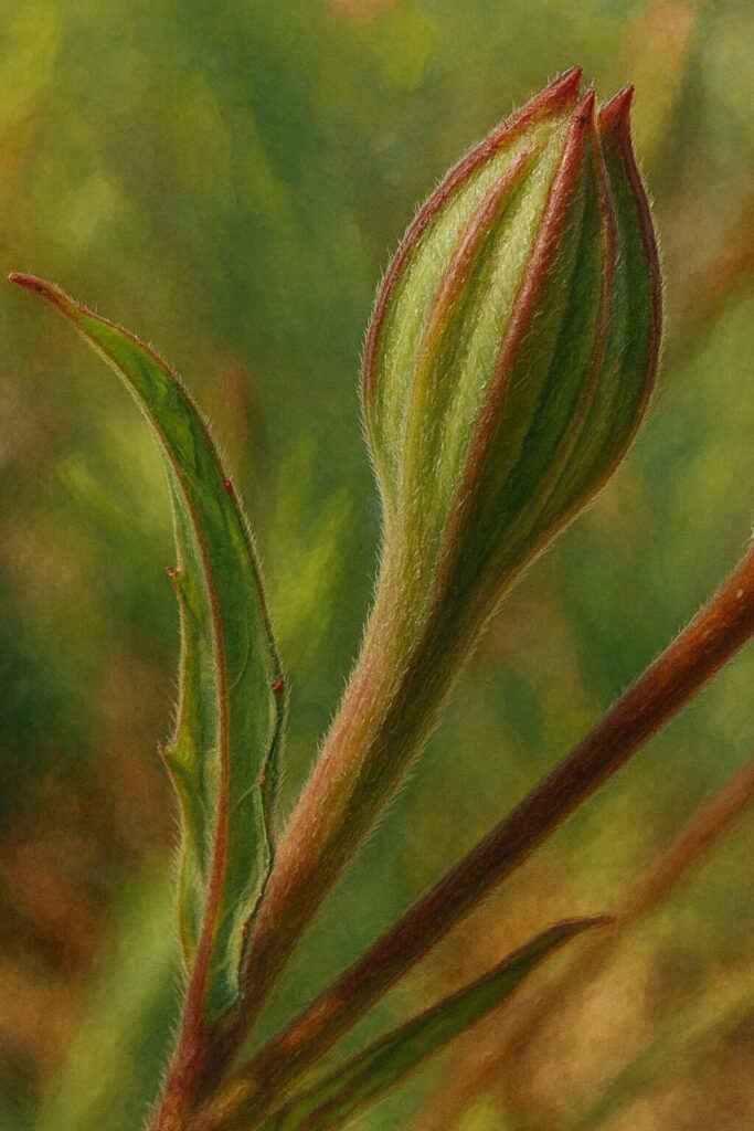 細かな毛の質感と赤紫の縁を写実的に再現したユウゲショウのつぼみイラスト