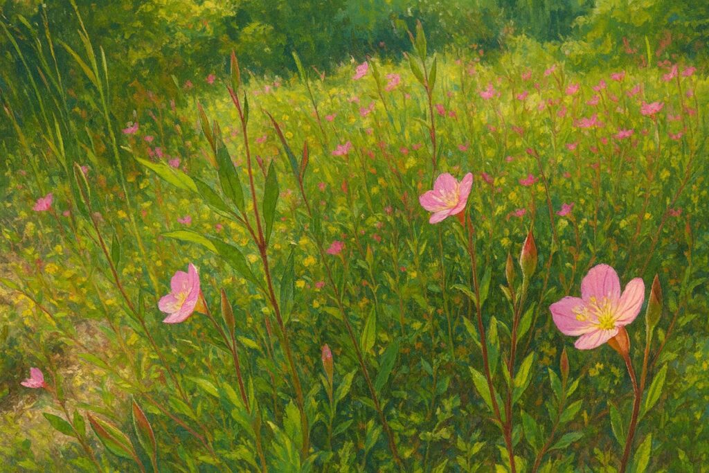 緑の草地に咲き誇るユウゲショウの群生を全体構図で描いた自然風イラスト