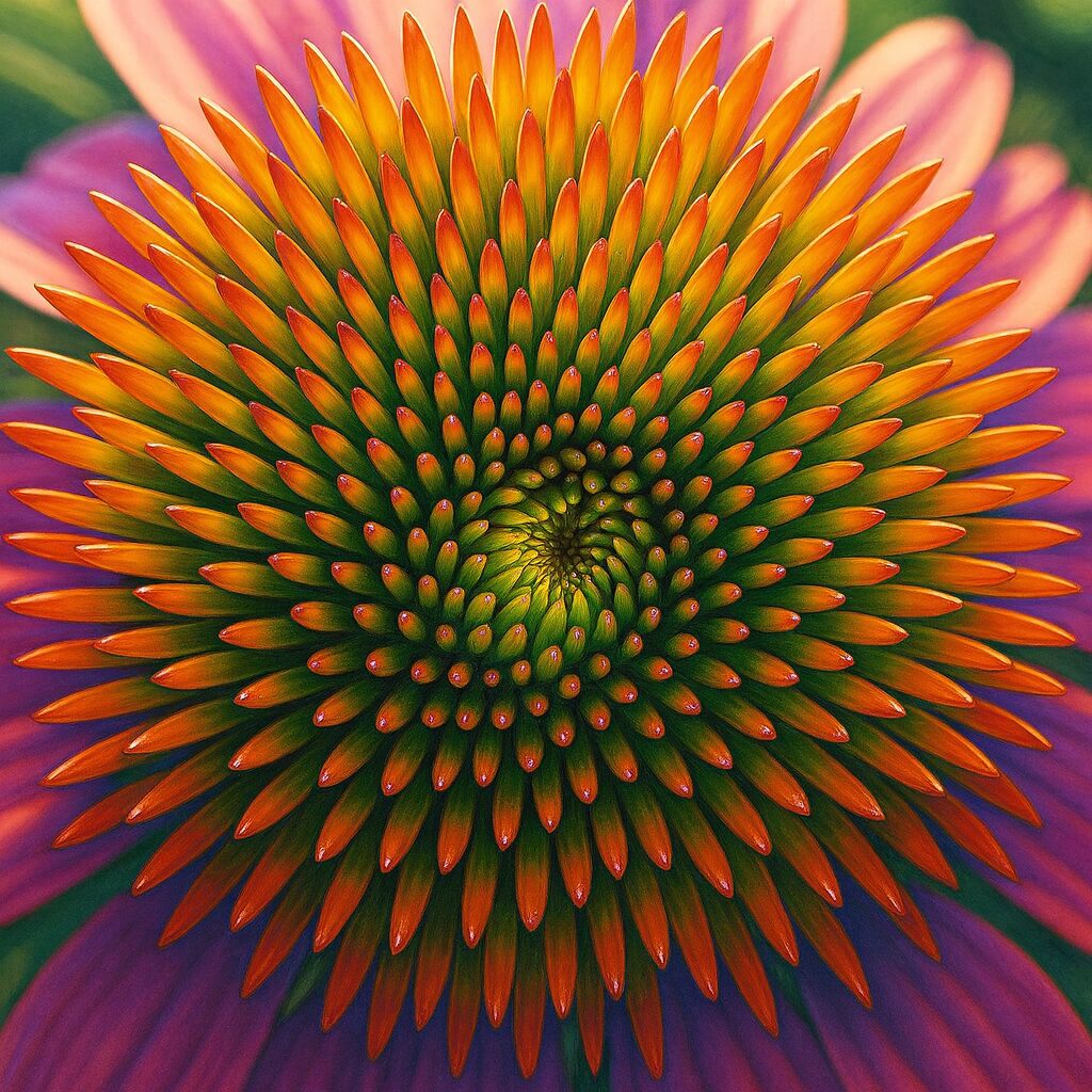 エキナセアの花の中心部を精密に描いたプロレベルのデジタルイラスト。緑から橙赤に移り変わるトゲ状の花心が螺旋状に広がり、美しい規則性を強調した作品