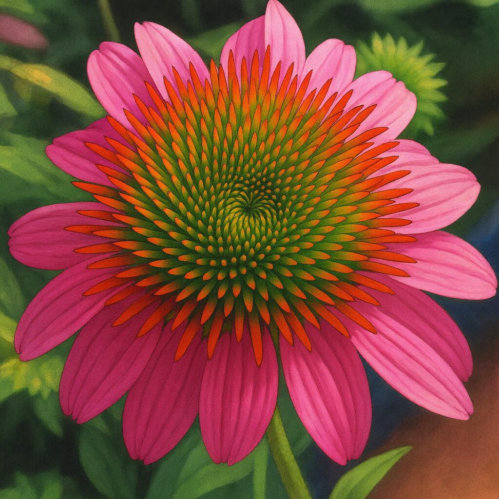 エキナセアの花を真上から精密に描いたプロレベルのデジタルイラスト。緑から赤橙に変化する花心と鮮やかなピンクの花弁が調和した写実的な作品