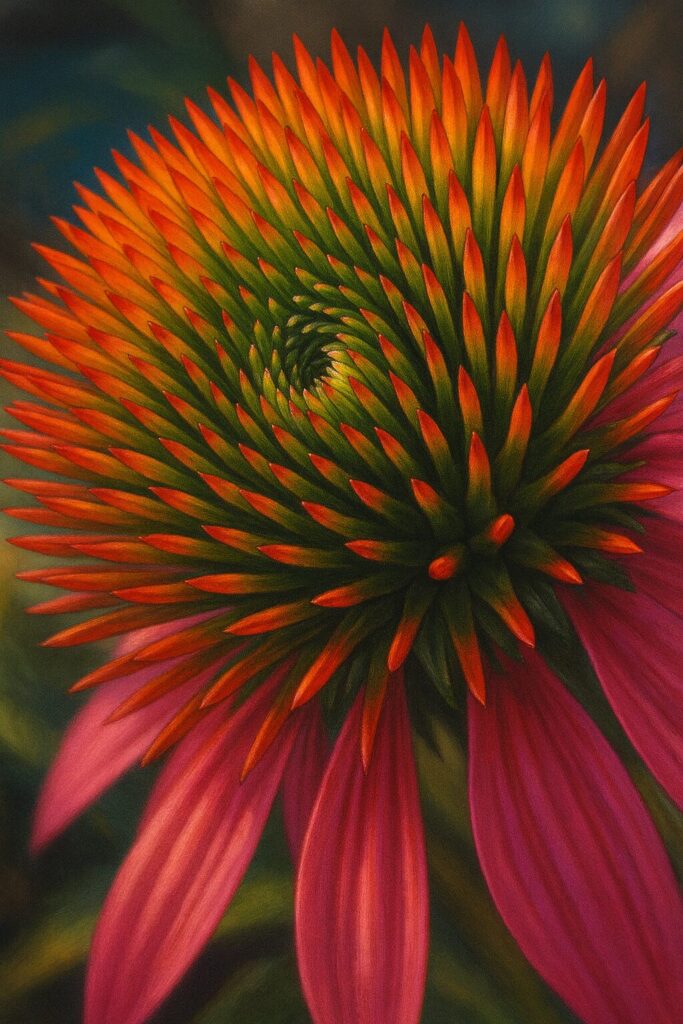 エキナセアの花心を斜めから精密に描いたプロレベルのデジタルイラスト。緑から燃えるような橙赤に移ろうトゲ状の小花が螺旋を描き、ピンクの花弁が柔らかく添えられた作品