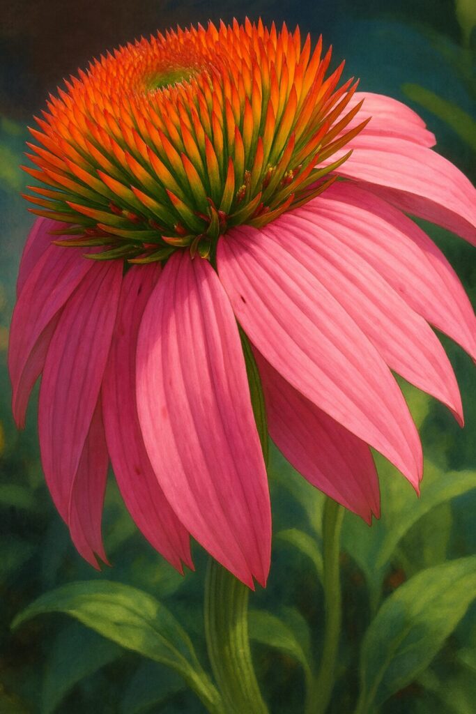 エキナセアを横から精密に描いたプロレベルのデジタルイラスト。燃えるような橙赤の花心と柔らかく垂れるピンクの花弁を写実的に表現した作品
