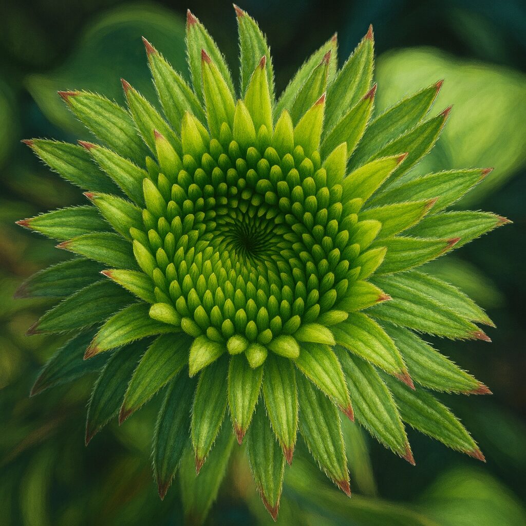 エキナセアの蕾を真上から精密に描いたプロレベルのデジタルイラスト。緑の小花が螺旋状に並び、先端が赤みを帯びた苞葉が放射状に広がる若々しい姿を表現