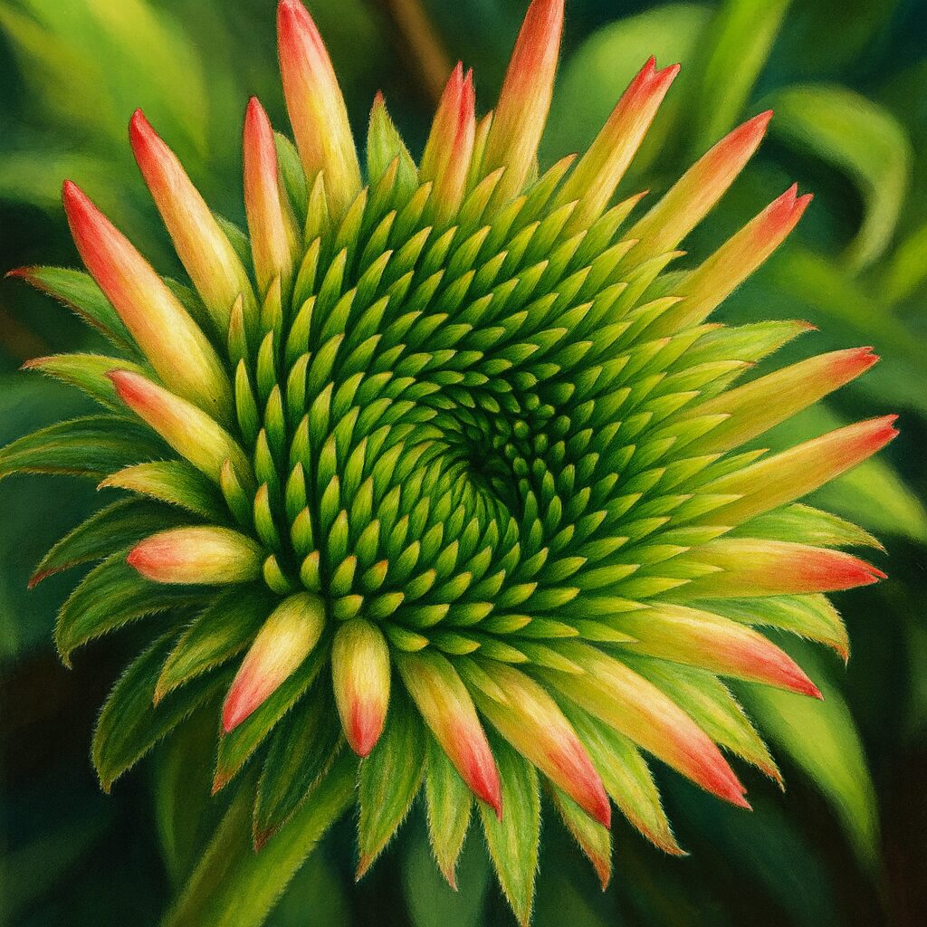 エキナセアの蕾を斜めから精密に描いたプロレベルのデジタルイラスト。緑の小花が螺旋を成し、先端が淡い赤色に染まる苞葉が広がる若々しい花姿を写実的に表現