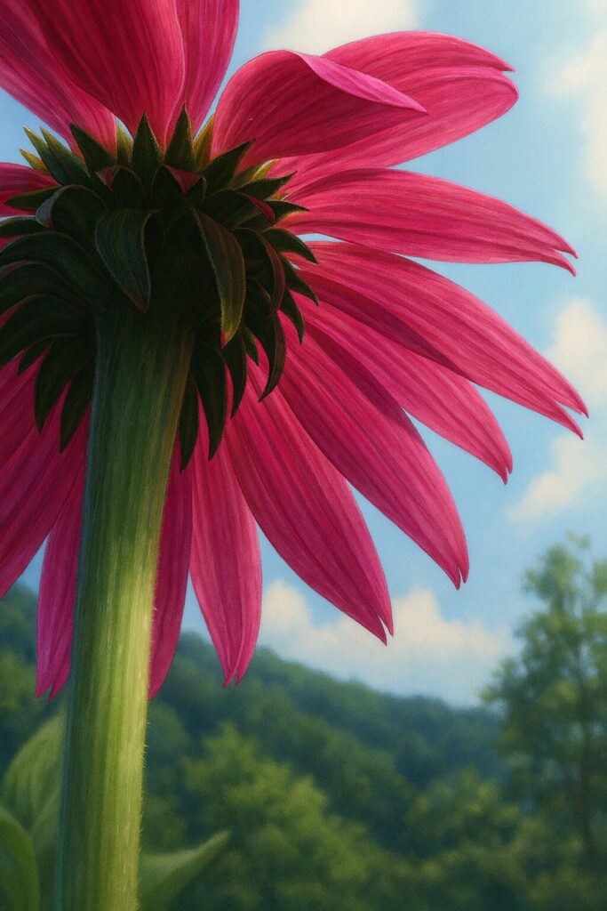 エキナセアを下からの視点で精密に描いたプロレベルのデジタルイラスト。緑の茎と苞葉の上に、青空に映えるピンクの花弁が放射状に広がる姿を写実的に表現