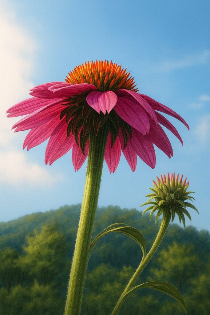 青空と山並みを背景に咲くエキナセアを精密に描いたプロレベルのデジタルイラスト。ピンクの花弁と橙赤の花心、そして隣の若い蕾がリアルに表現された作品